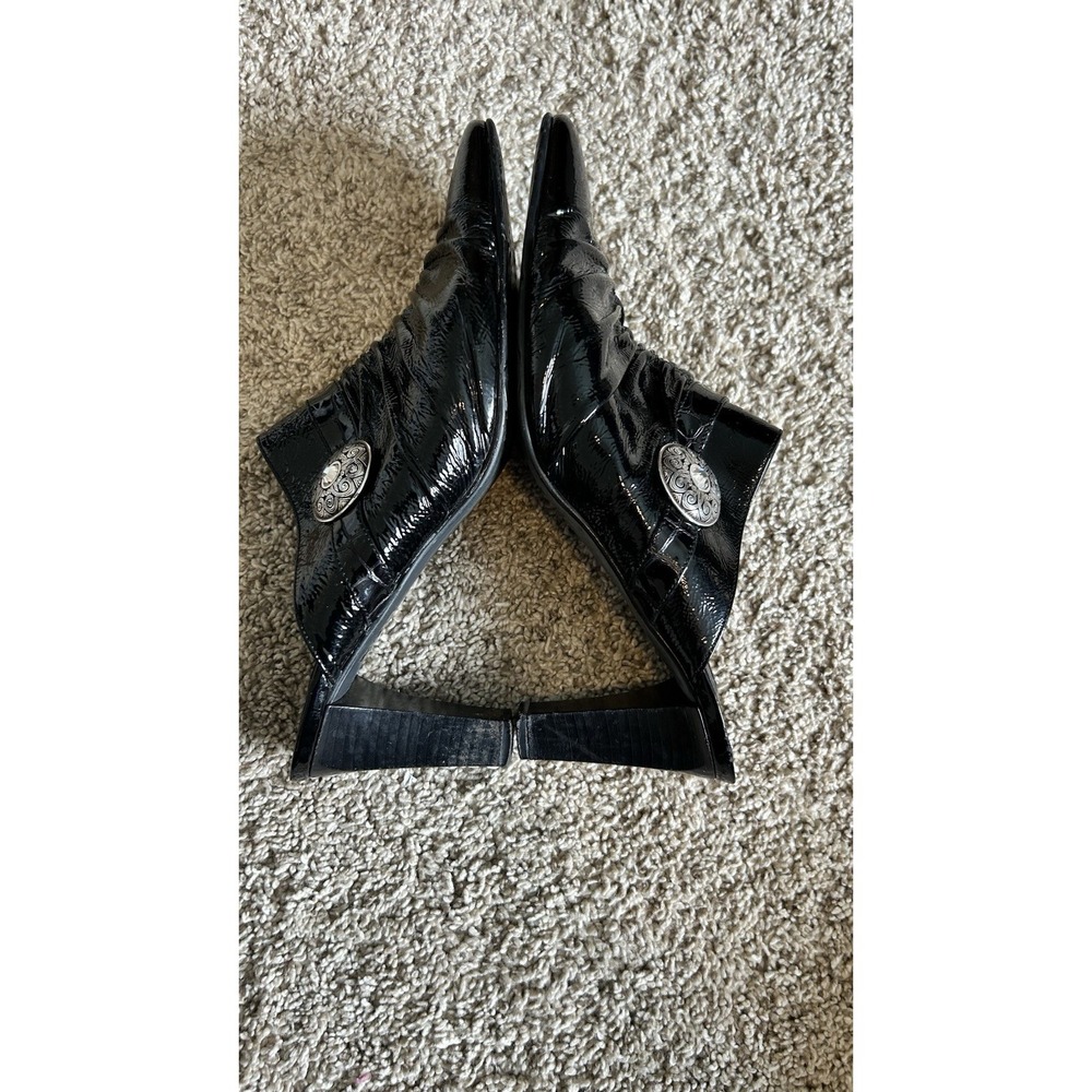 Brighton Black Patent Leather Ruched Mules Ornate Silver Medallion Heels Italy‎ - Picture 5 of 9